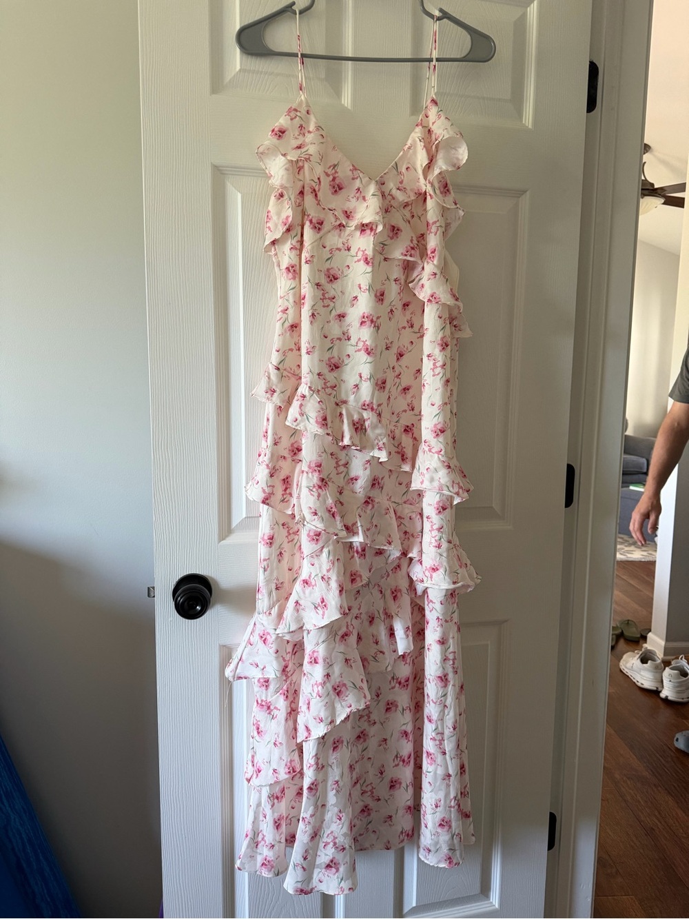 White Floral Ruffle Maxi Dress with Pink Print